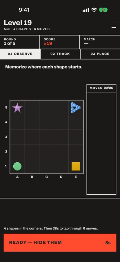Phantom Grid on iPhone at level 19: a 5 by 5 board with four shapes in the corners, the Observe phase, and the Ready, hide them button.