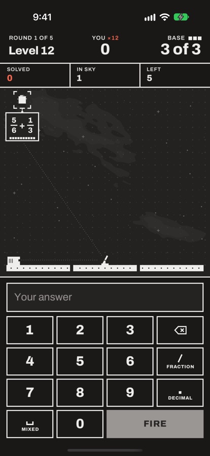 Phantom Math on iPhone at level 12: a falling problem five sixths plus one third above the three-panel base, and the answer keypad with Fire.