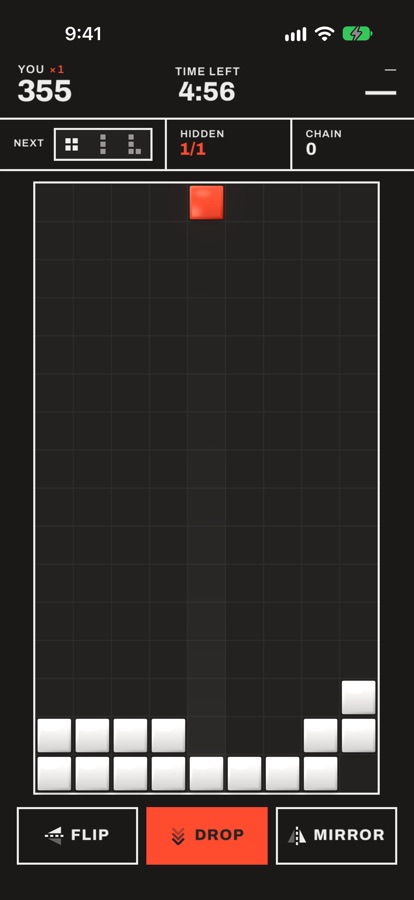 Phantom Stack on iPhone: the well with a falling red block, white settled blocks, score 355, 4:56 left, and the Flip, Drop and Mirror buttons.